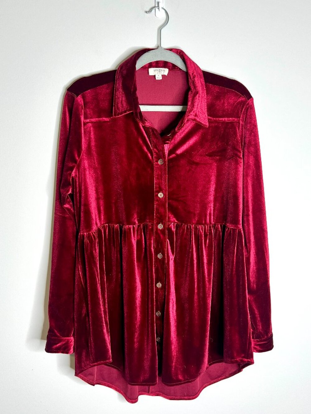 Umgee Deep Red Velvet Button-Down Tunic Top Holiday Party Vamp Whimsigoth Sz M